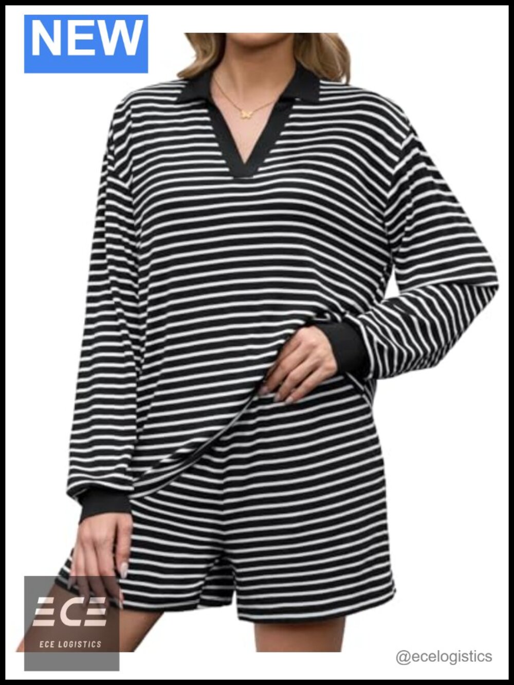 2 Piece Lounge Set Women Lyocell Striped Polo Top Shorts Pajama Travel